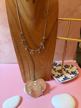 Brighton Silver-Tone Charm Necklace with Heart and Pearl Accents and Earrings